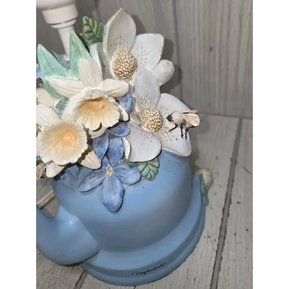 Vintage Marjolein Bastin Blue Teapot w/Flowers Bumble Bees & Daffodils Lamp